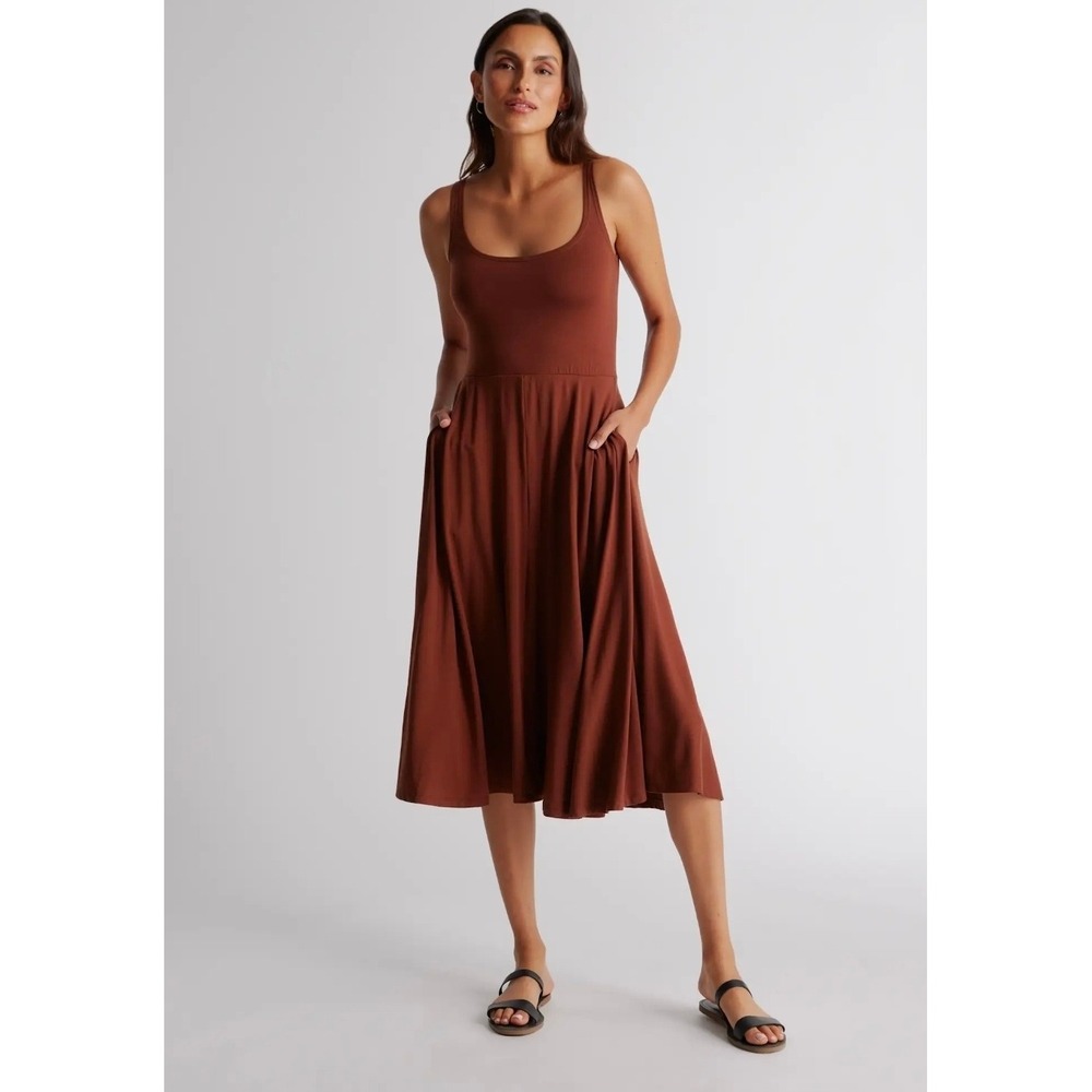 Quince Women Medium Brown Tencel Jersey Fit & Flare Midi Dress Pockets